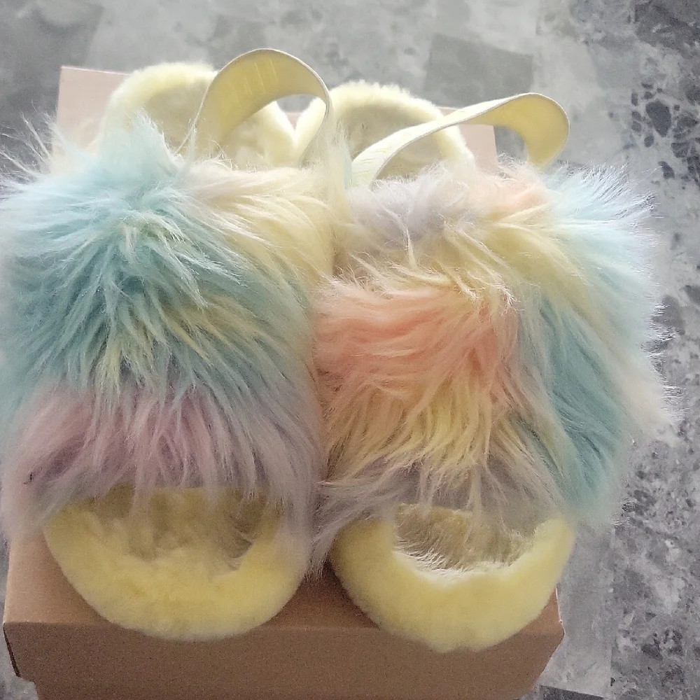 Women's UGG Pastel Rainbow Faux Fur Slide Sandals - Yellow - Picture 1 of 4